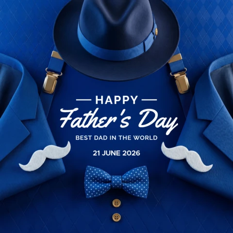 Father’s Day 2026 Festive Poster Featuring Blue Background Fedora Hat Suit Jackets Mustache Bow Tie Gold Buttons and Best Dad in The World Celebration