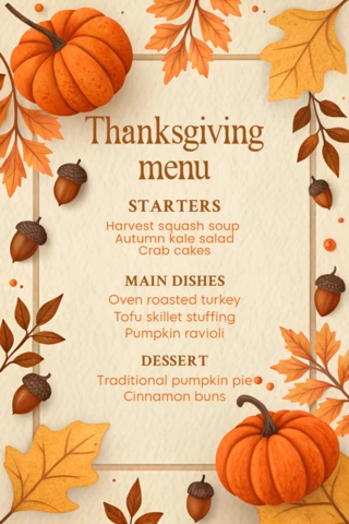 Thanksgiving Menu Design Template with Pumpkin and Autumn Leaves for Brochure Use