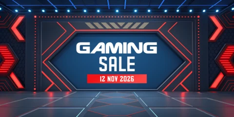 Plantilla de diseño de venta de videojuegos con luces de neón y estilo futurista