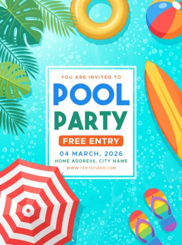 Invitation colorée pour fête d'été à la piscine avec feuilles de palmier tropicales, ballon de plage et bouée gonflable