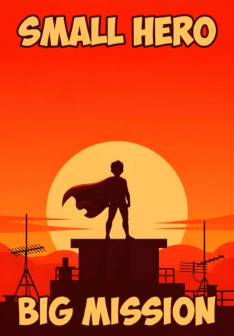 Small Hero Big Mission Silhouetted Figure On Rooftop At Sunset Poster Design Template