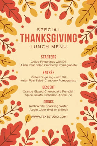 Thanksgiving Menu Design Template with Autumn Leaves for Festive Dining