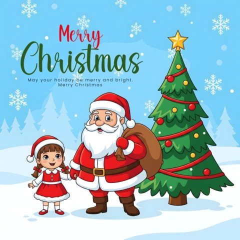 Magical Christmas Santa Claus and Girl in Snowy Scene with Decorated Tree and Holiday Greeting Design Template