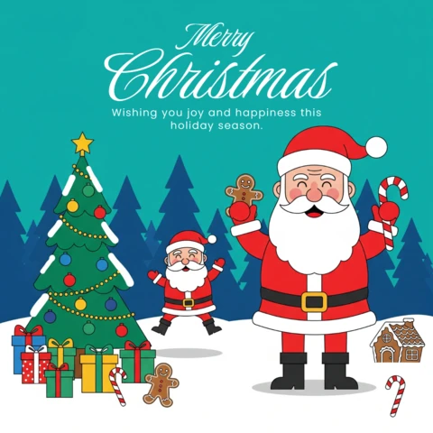 Merry Christmas Santa, Tree, and Gingerbread Treats in Snowy Landscape with Holiday Wishes Poster Design Template