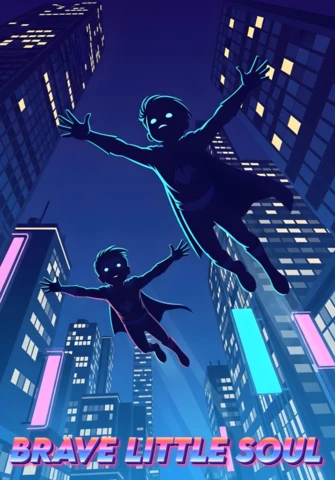 Brave Little Soul Silhouetted Kids Flying Over Neon Cityscape At Night Poster Design Template
