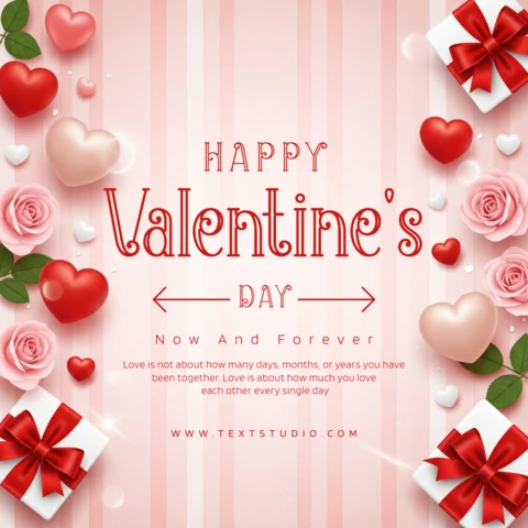 Fondo rosa a rayas con rosas, corazones y cita de amor eterno tarjeta de felicitación de San Valentín