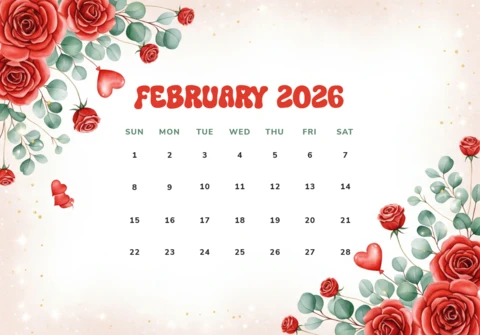 Calendario de febrero de 2026 con tema de jardín romántico con rosas rojas y corazones de San Valentín.