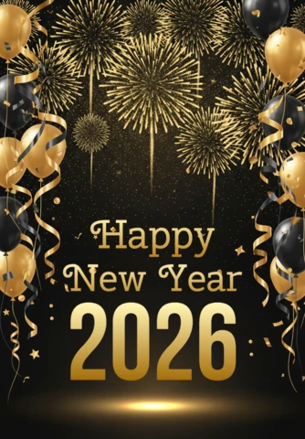 Cartão de feliz ano novo 2026 com tema de celebração dourada, fogos de artifício, balões e letras em negrito sobre fundo escuro.