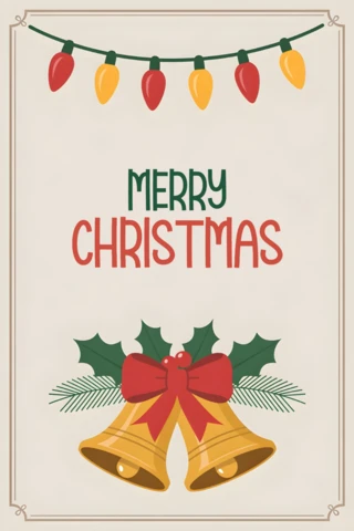 Christmas Greeting Card Golden Bells with Holly Leaves, Pine Branches, and String Lights On Festive Background