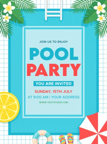 Colorful Summer Pool Party Invitation Flyer with Tropical Leaves and Swimming Pool Elements