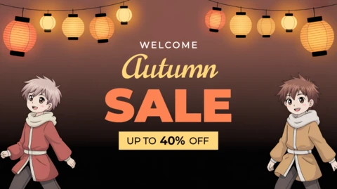 Autumn Sale Design Template with Lanterns and Manga Characters for Promotional Flyers