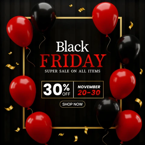 Black Friday Sale Template with Balloons and Confetti Design for Promotional Flyers