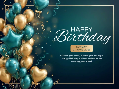 Birthday Greeting Poster — Dark Teal Gradient Background with Balloons, Streamers, and Cheerful Celebration Message