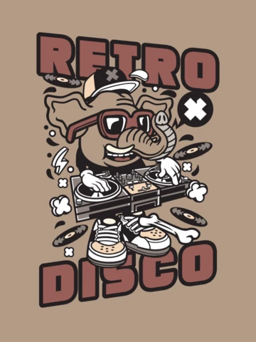 Música disco retrô com modelo de design de camiseta de personagem elefante