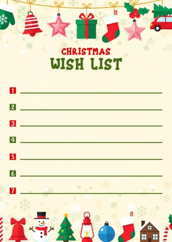 Whimsicalなクリスマスウィッシュリストの印刷可能なテンプレート、ストッキング、ジンジャーブレッドハウス、そしてホリデーの楽しさ