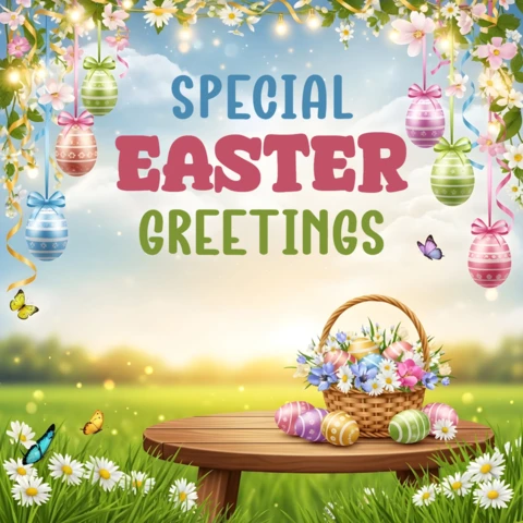 Cartel de saludo de feliz día de Pascua — cesta de huevos, flores, mariposas, huevos colgantes y borde decorativo festivo alegre