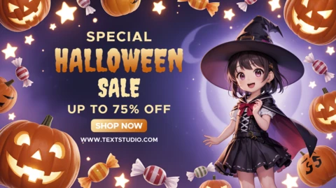 Plantilla de volante de venta de Halloween editable con diseño de personaje de bruja.