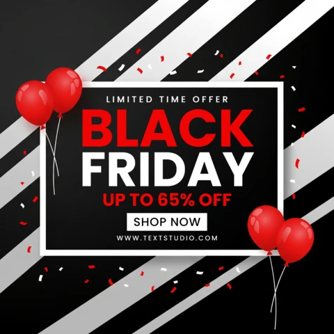Affiche de publicité pour le Black Friday avec des ballons rouges et noirs, des confettis et un design central blanc encadré pour des flyers promotionnels.