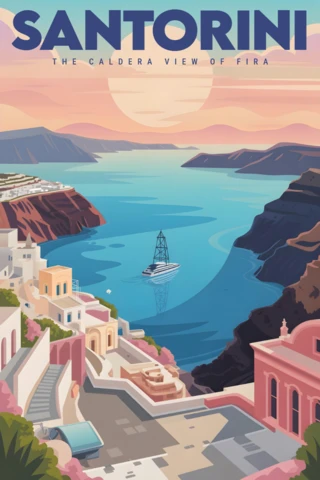 Fira'nın beyaz binaları ve gün batımı kayalıkları ile kaldera manzarası Santorini seyahat posterleri tasarım şablonu