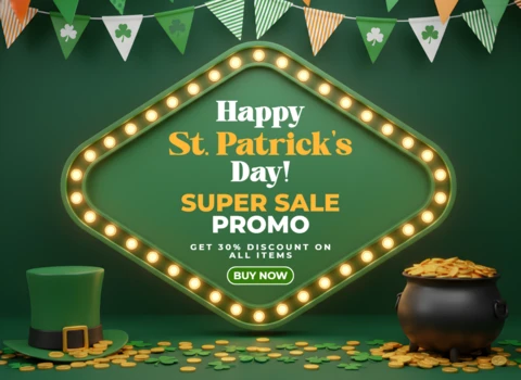 Plantilla de cartel para la celebración del Día de San Patricio con banderines decorativos, tréboles y promoción de superventa.