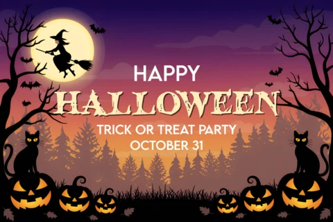 Scary Halloween Party Design Template with Witch Cats and Pumpkins