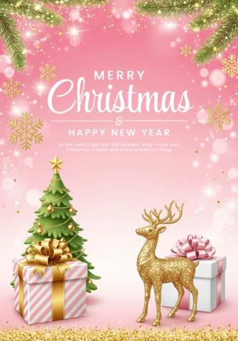 Christmas Card Featuring Pink Canvas, Christmas Tree, and Gold-Ribbon Gift Arrangement