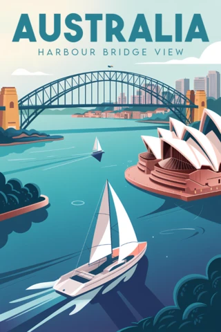 Modelo de design de pôsteres de viagem com vista da ponte do porto de Sydney, Austrália