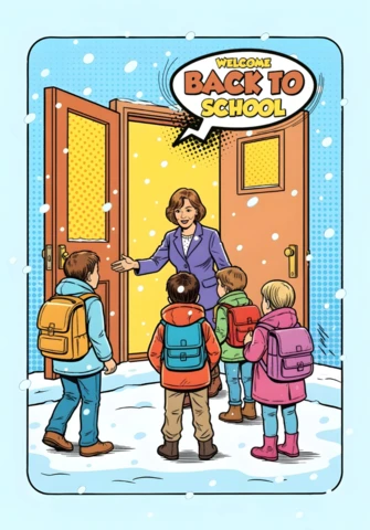 Back to School Students Arriving in Snow with Teacher Greeting At School Entrance Poster Design Template