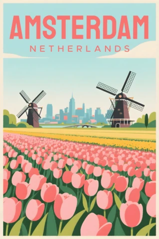 Amsterdam Vintage Design Template with Tulips and Windmills for Travel Poster