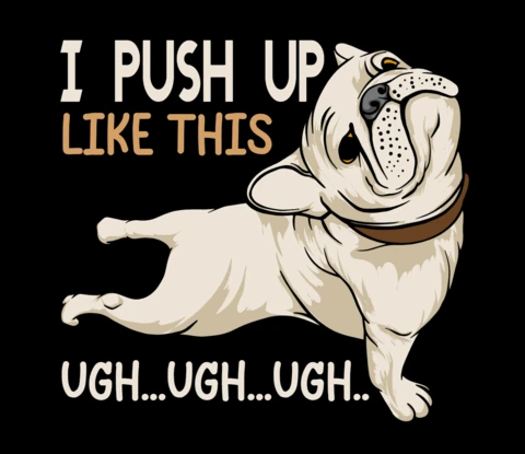 Struggling Bulldog Push-Up Funny Dog Workout Cartoon for Gym & Fitness Merch T-Shirt Design Template