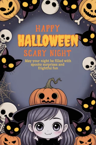 Happy Halloween Design Template with Cute Ghosts Cats and Pumpkins for Party Invitations