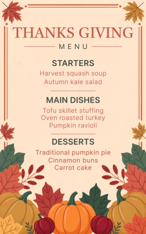Thanksgiving Menu Design Template with Autumn Leaves and Pumpkins for Festive Events