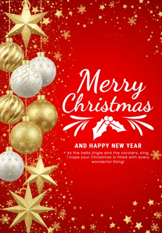 Stylische Weihnachts- und Neujahrskarte mit dekorativem rot-goldenem Design für Feiertagswünsche