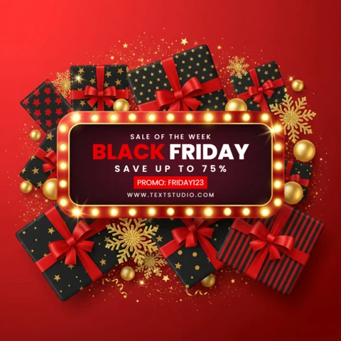 Affiche du Black Friday, boîtes cadeaux rouges et noires avec des flocons de neige dorés et un modèle de design d'annonce de vente en marquise pour la promotion.