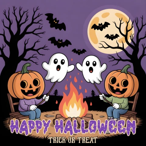 ハロウィンキャンプファイヤーデザインテンプレートのための、光る火と幽霊の詳細を持つカボチャの精霊の集まり、祭りのフライヤー用。