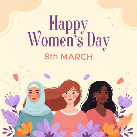 International Women’s Day Poster Template Featuring Women Together, Flowers, and Decorative Background
