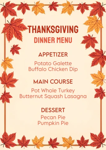 Autumn Leaves Thanksgiving Menu Template Design for Festive Printable Dinner Planning