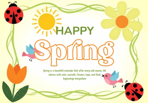 Feliz template de primavera com flores e pássaros para cartões de saudação