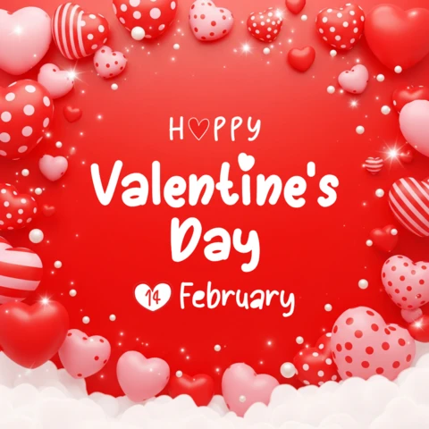 Fondo de globos rojos y rosas en forma de corazón con decoraciones románticas para tarjetas del día de San Valentín.