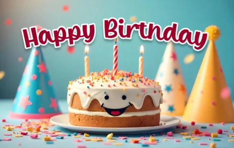 Modelo de bolo de feliz aniversário com chapéus de festa e decorações festivas