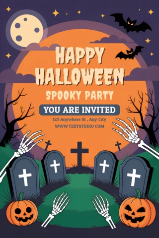 Spooky Halloween Party Invitation Template with Graveyard Design