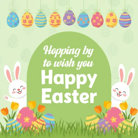 Happy Easter Day Poster – Cute Bunnies, Hanging Eggs & Tulip Garden Scene