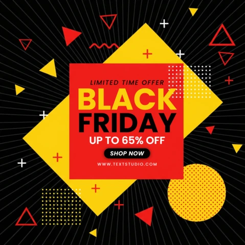 Promo festive de Black Friday, centre de table géométrique rouge et jaune avec un thème de célébration, modèle de design pour flyers promotionnels.