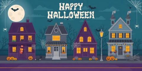 Template di copertura per Facebook con case decorate per Halloween, finestre illuminate e scena della luna piena.