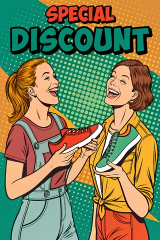Modelo de design pop art para promoção de loja de calçados com desconto especial