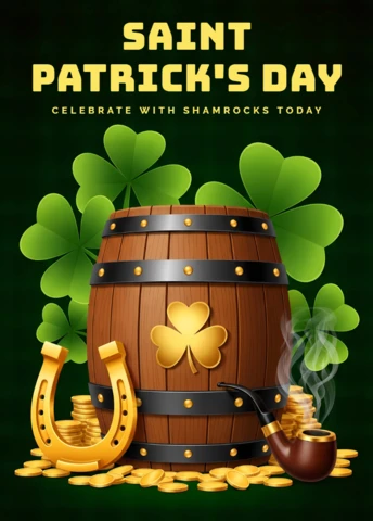 Saint Patrick's Day Celebration Template with Shamrocks and Barrel Design for Flyers
