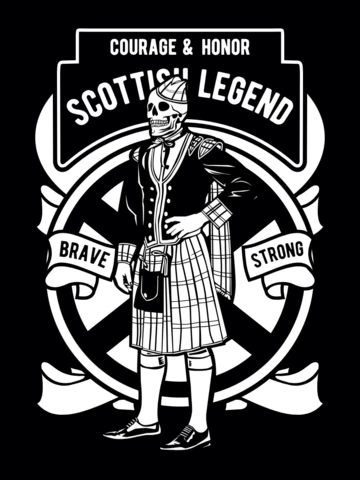 Plantilla de diseño de camiseta de esqueleto de leyenda escocesa