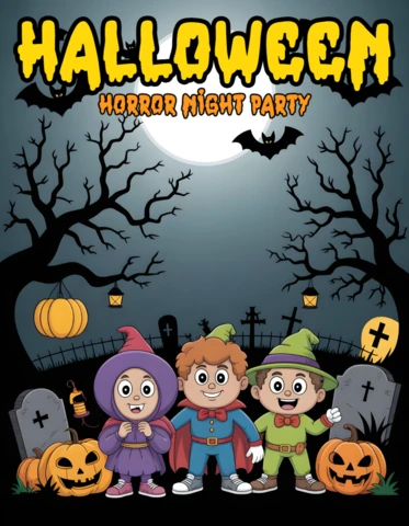Parata di dolcetto o scherzetto di Halloween nel cimitero illuminato dalla luna con alberi contorti e zucche luminose, modello di design per volantini festivi.