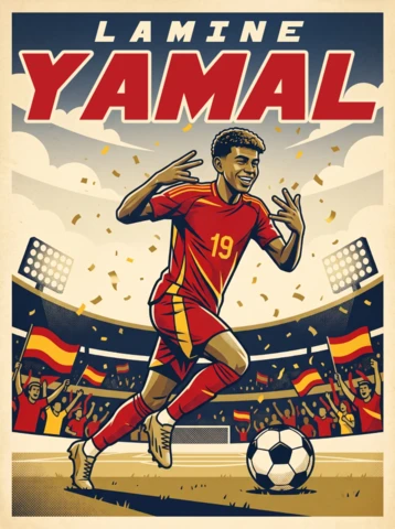 ラミネ・ヤマル ヴィンテージ レトロ スペイン代表サッカー 若手スター ナンバー19 スタジアム ファン お祝い ポスターデザイン 2026