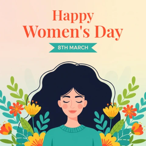 Template de pôster do Dia Internacional da Mulher feliz com silhueta de mulher, flores e folhagem decorativa.